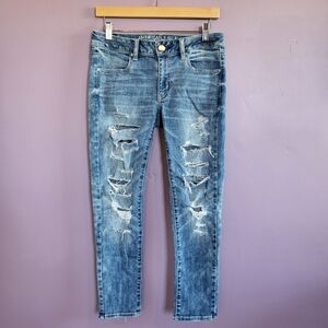 American Eagle Acid Washed Distressed Low Rise Super Stretch Jegging Ankle Jeans